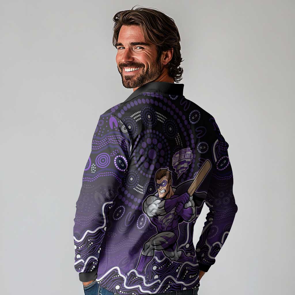 Hobart Hurricanes Cricket Mascot Long Sleeve Polo Shirt Aboriginal Dot Art Purple And Black Tribal Pattern