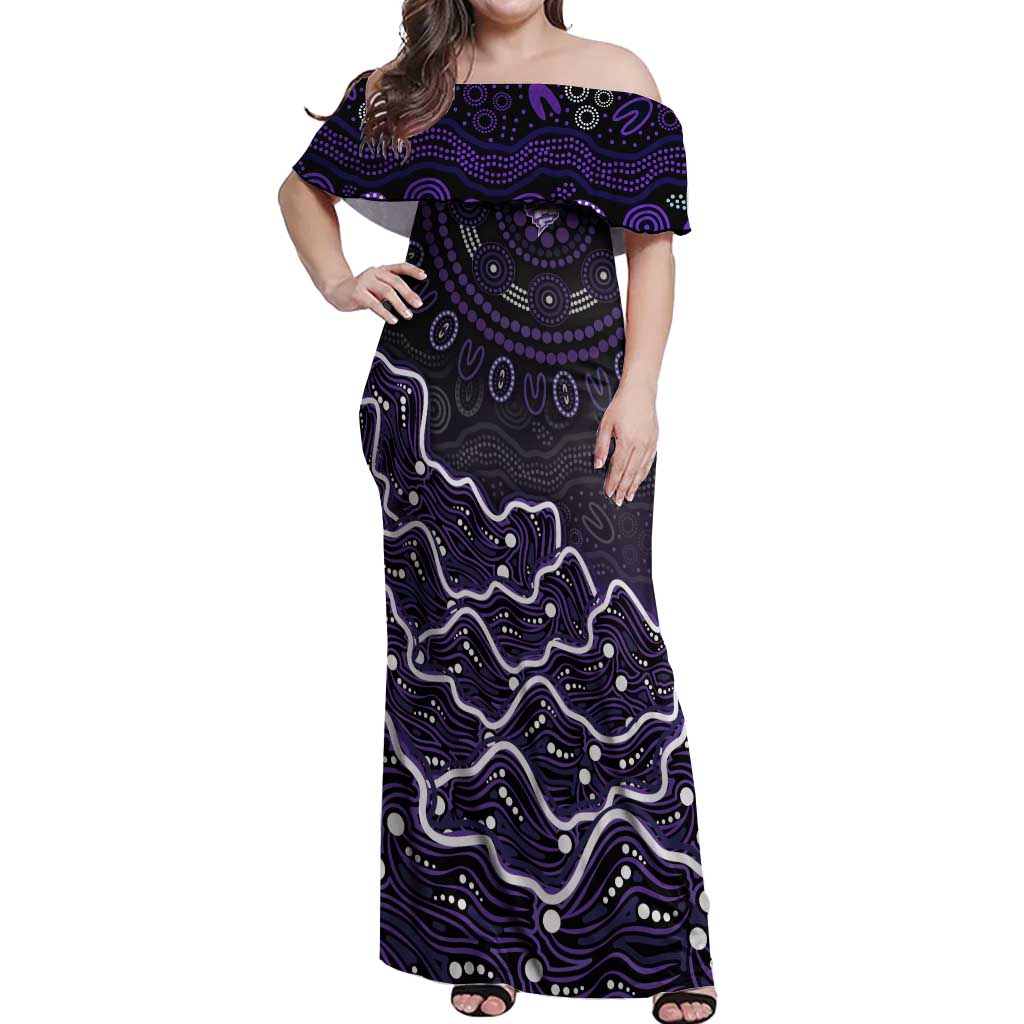 Hobart Hurricanes Cricket Mascot Off Shoulder Maxi Dress Aboriginal Dot Art Purple And Black Tribal Pattern