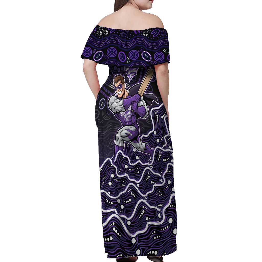 Hobart Hurricanes Cricket Mascot Off Shoulder Maxi Dress Aboriginal Dot Art Purple And Black Tribal Pattern