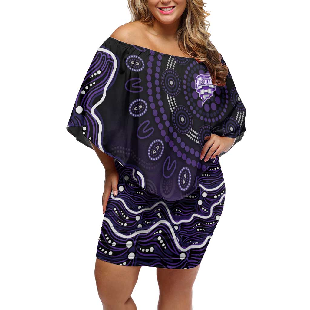 Hobart Hurricanes Cricket Mascot Off Shoulder Short Dress Aboriginal Dot Art Purple And Black Tribal Pattern