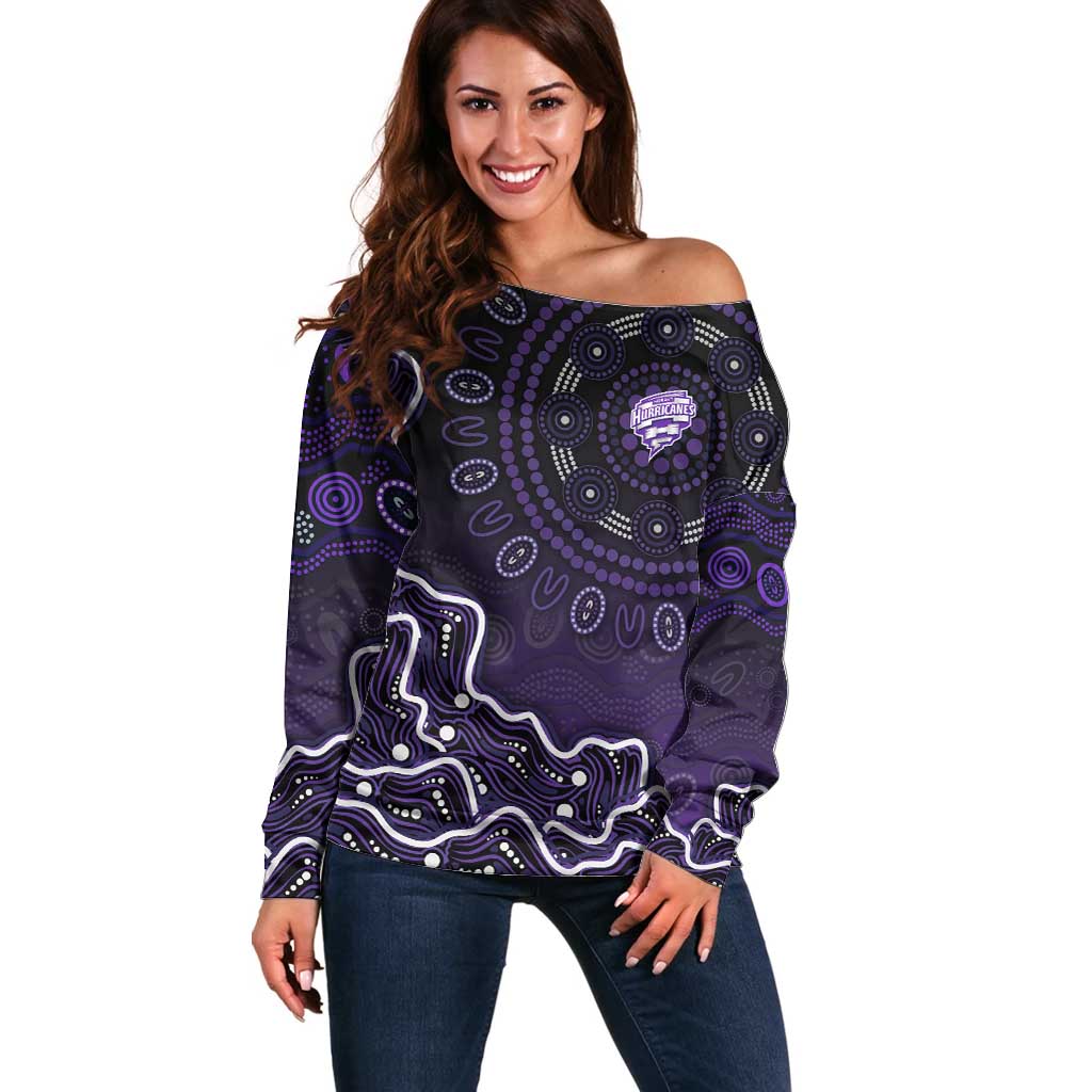 Hobart Hurricanes Cricket Mascot Off Shoulder Sweater Aboriginal Dot Art Purple And Black Tribal Pattern