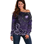 Hobart Hurricanes Cricket Mascot Off Shoulder Sweater Aboriginal Dot Art Purple And Black Tribal Pattern
