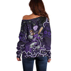 Hobart Hurricanes Cricket Mascot Off Shoulder Sweater Aboriginal Dot Art Purple And Black Tribal Pattern
