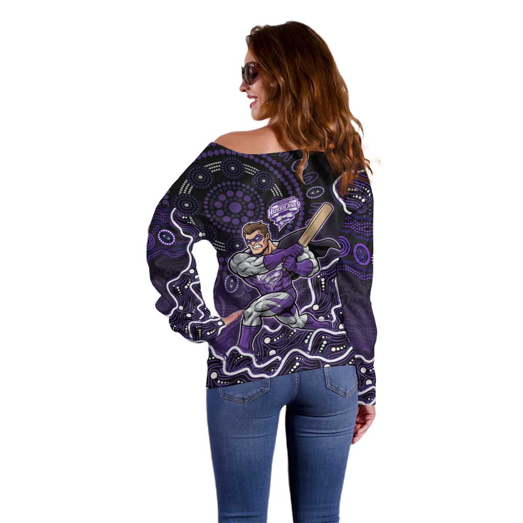 Hobart Hurricanes Cricket Mascot Off Shoulder Sweater Aboriginal Dot Art Purple And Black Tribal Pattern