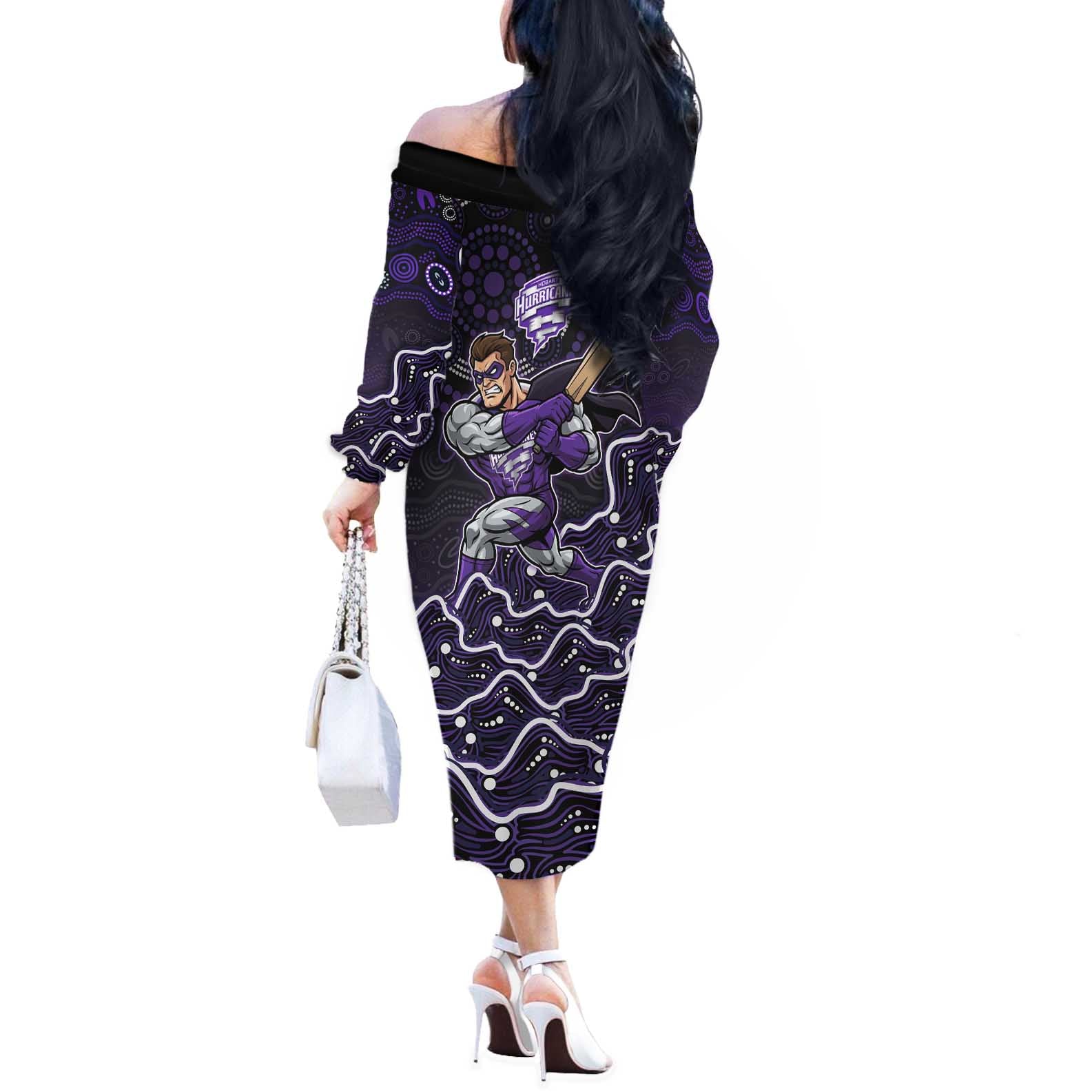 Hobart Hurricanes Cricket Mascot Off The Shoulder Long Sleeve Dress Aboriginal Dot Art Purple And Black Tribal Pattern