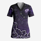 Hobart Hurricanes Cricket Mascot Scrub Top Aboriginal Dot Art Purple And Black Tribal Pattern