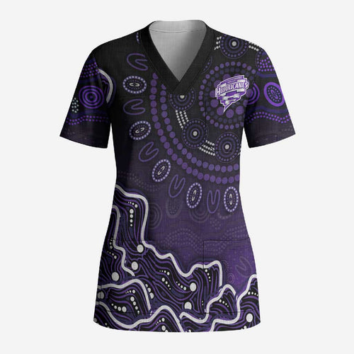 Hobart Hurricanes Cricket Mascot Scrub Top Aboriginal Dot Art Purple And Black Tribal Pattern