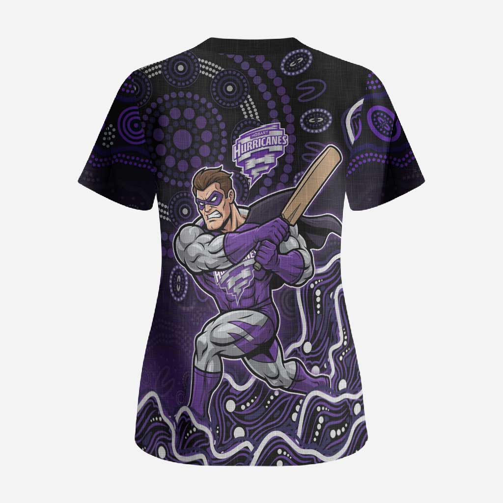 Hobart Hurricanes Cricket Mascot Scrub Top Aboriginal Dot Art Purple And Black Tribal Pattern