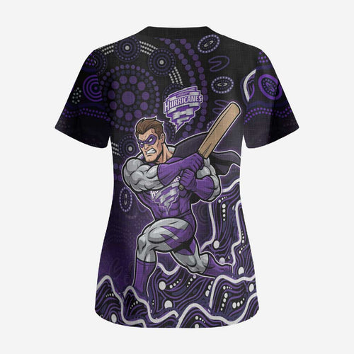 Hobart Hurricanes Cricket Mascot Scrub Top Aboriginal Dot Art Purple And Black Tribal Pattern