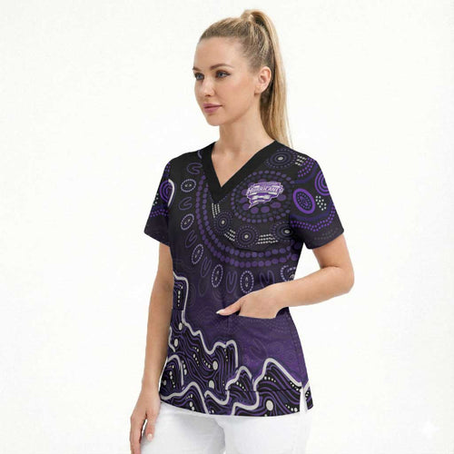 Hobart Hurricanes Cricket Mascot Scrub Top Aboriginal Dot Art Purple And Black Tribal Pattern