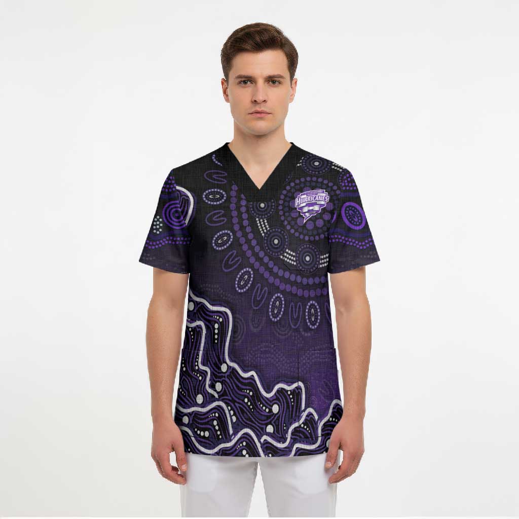 Hobart Hurricanes Cricket Mascot Scrub Top Aboriginal Dot Art Purple And Black Tribal Pattern