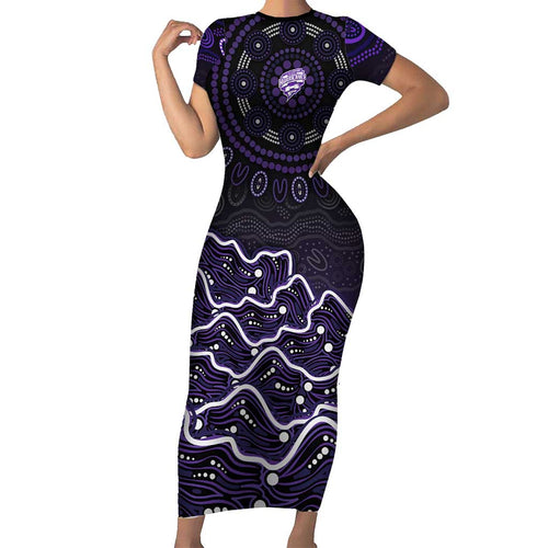 Hobart Hurricanes Cricket Mascot Short Sleeve Bodycon Dress Aboriginal Dot Art Purple And Black Tribal Pattern