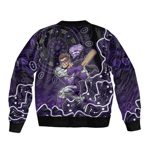 Hobart Hurricanes Cricket Mascot Sleeve Zip Bomber Jacket Aboriginal Dot Art Purple And Black Tribal Pattern