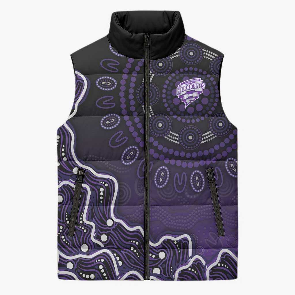 Hobart Hurricanes Cricket Mascot Sleeveless Puffer Jacket Aboriginal Dot Art Purple And Black Tribal Pattern