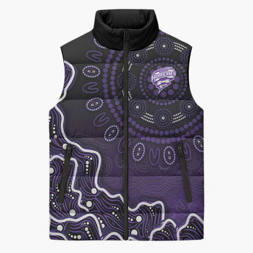 Hobart Hurricanes Cricket Mascot Sleeveless Puffer Jacket Aboriginal Dot Art Purple And Black Tribal Pattern