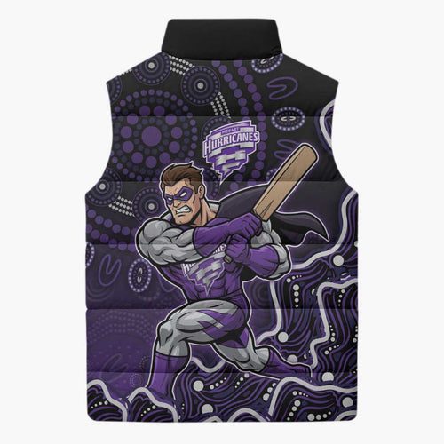 Hobart Hurricanes Cricket Mascot Sleeveless Puffer Jacket Aboriginal Dot Art Purple And Black Tribal Pattern