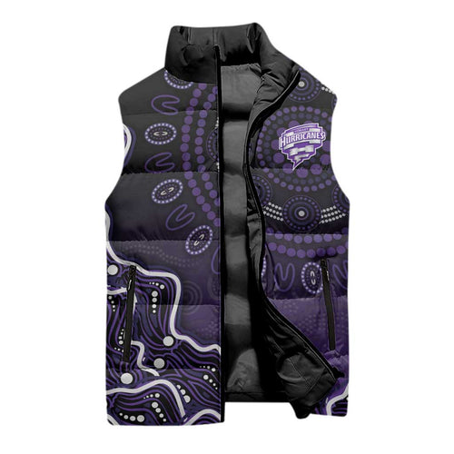 Hobart Hurricanes Cricket Mascot Sleeveless Puffer Jacket Aboriginal Dot Art Purple And Black Tribal Pattern