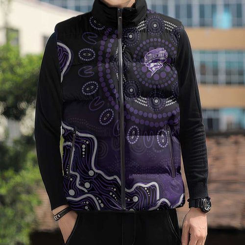 Hobart Hurricanes Cricket Mascot Sleeveless Puffer Jacket Aboriginal Dot Art Purple And Black Tribal Pattern