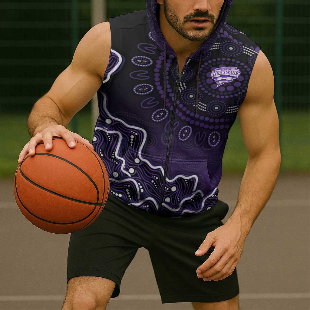 Hobart Hurricanes Cricket Mascot Sleeveless Zip Hoodie Aboriginal Dot Art Purple And Black Tribal Pattern
