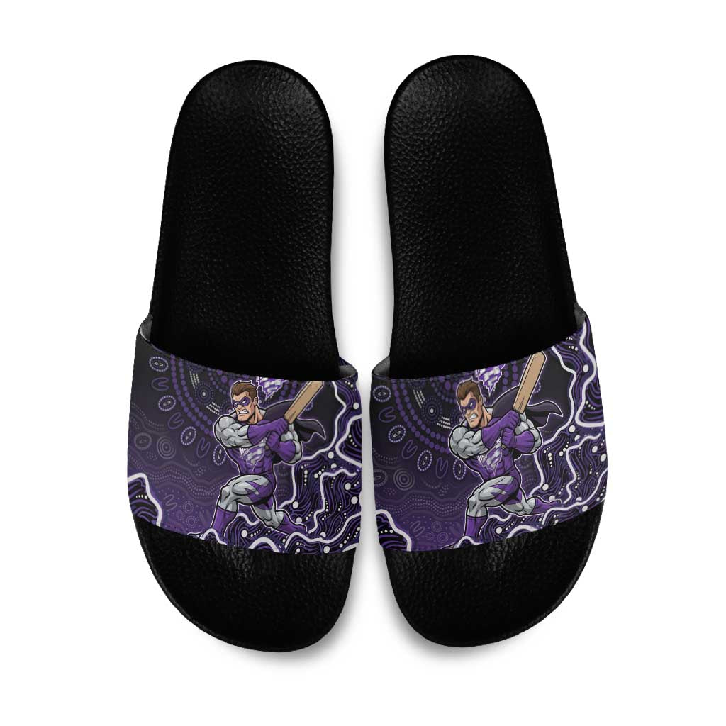 Hobart Hurricanes Cricket Mascot Slide Sandals Aboriginal Dot Art Purple And Black Tribal Pattern