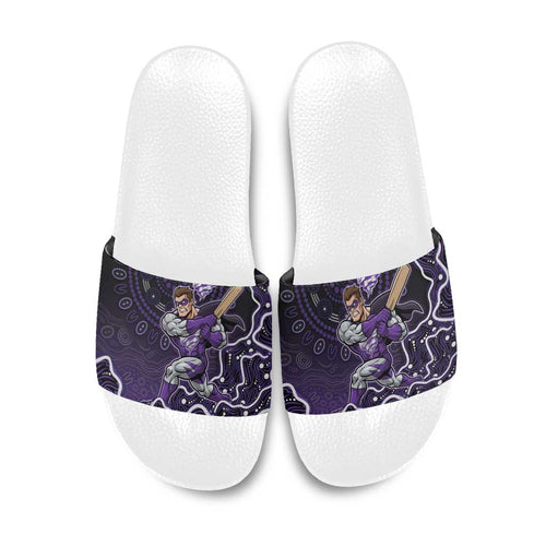 Hobart Hurricanes Cricket Mascot Slide Sandals Aboriginal Dot Art Purple And Black Tribal Pattern