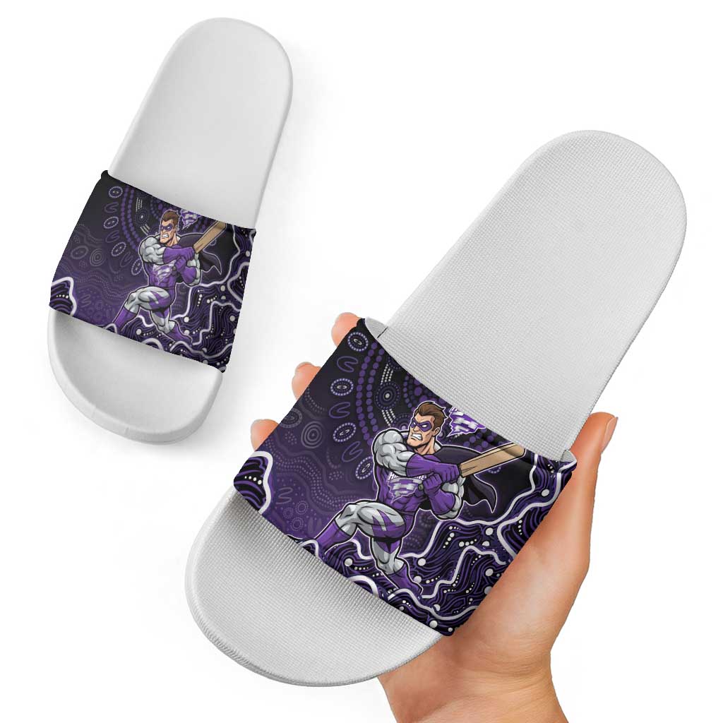 Hobart Hurricanes Cricket Mascot Slide Sandals Aboriginal Dot Art Purple And Black Tribal Pattern