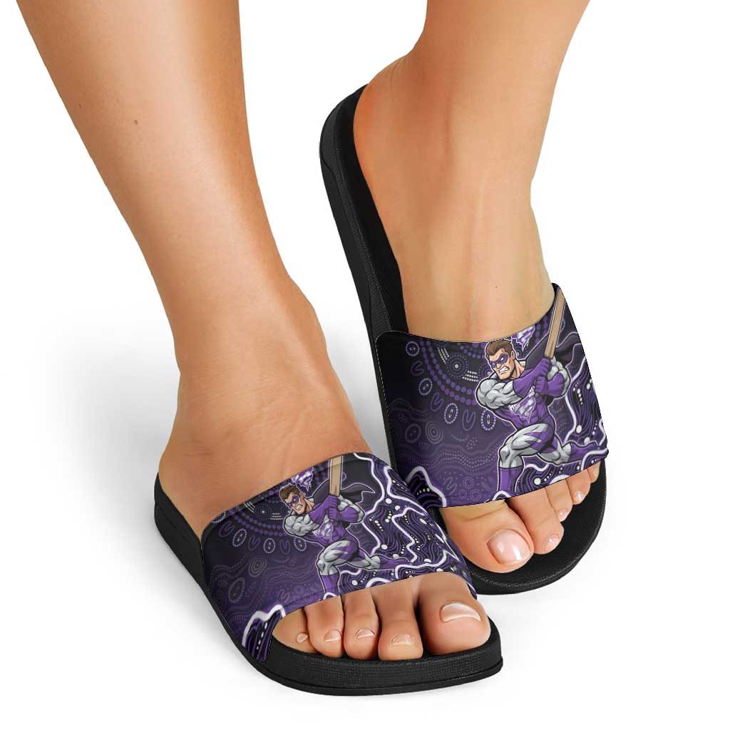 Hobart Hurricanes Cricket Mascot Slide Sandals Aboriginal Dot Art Purple And Black Tribal Pattern