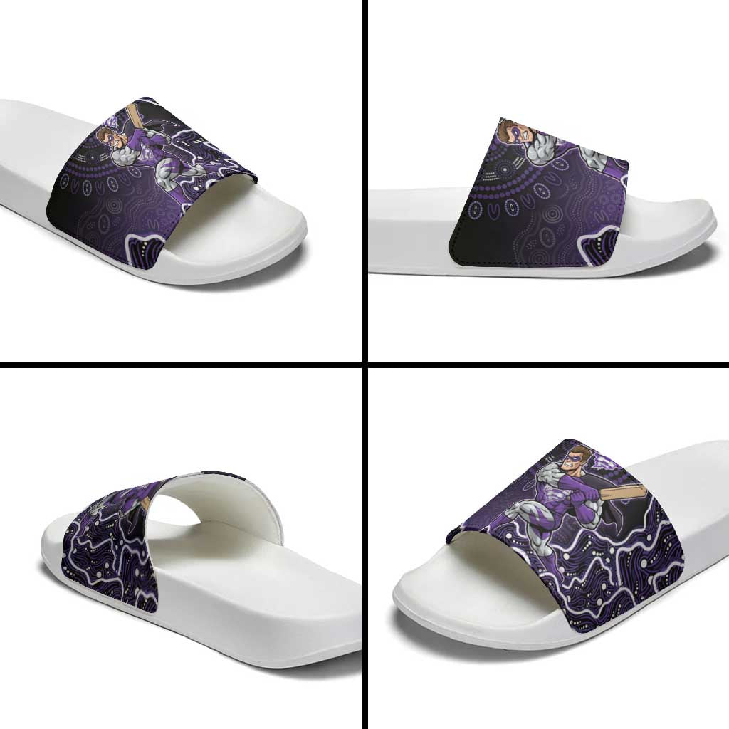 Hobart Hurricanes Cricket Mascot Slide Sandals Aboriginal Dot Art Purple And Black Tribal Pattern
