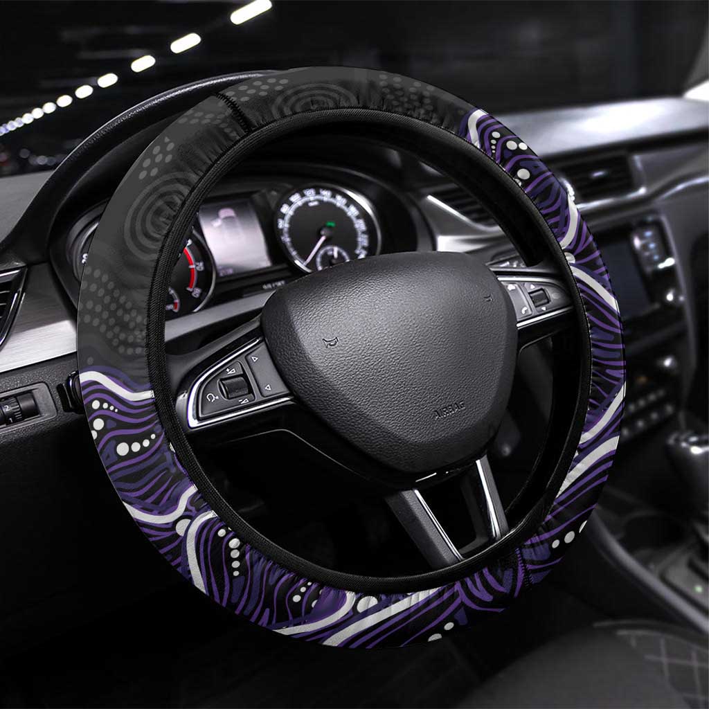 Hobart Hurricanes Cricket Mascot Steering Wheel Cover Aboriginal Dot Art Purple And Black Tribal Pattern