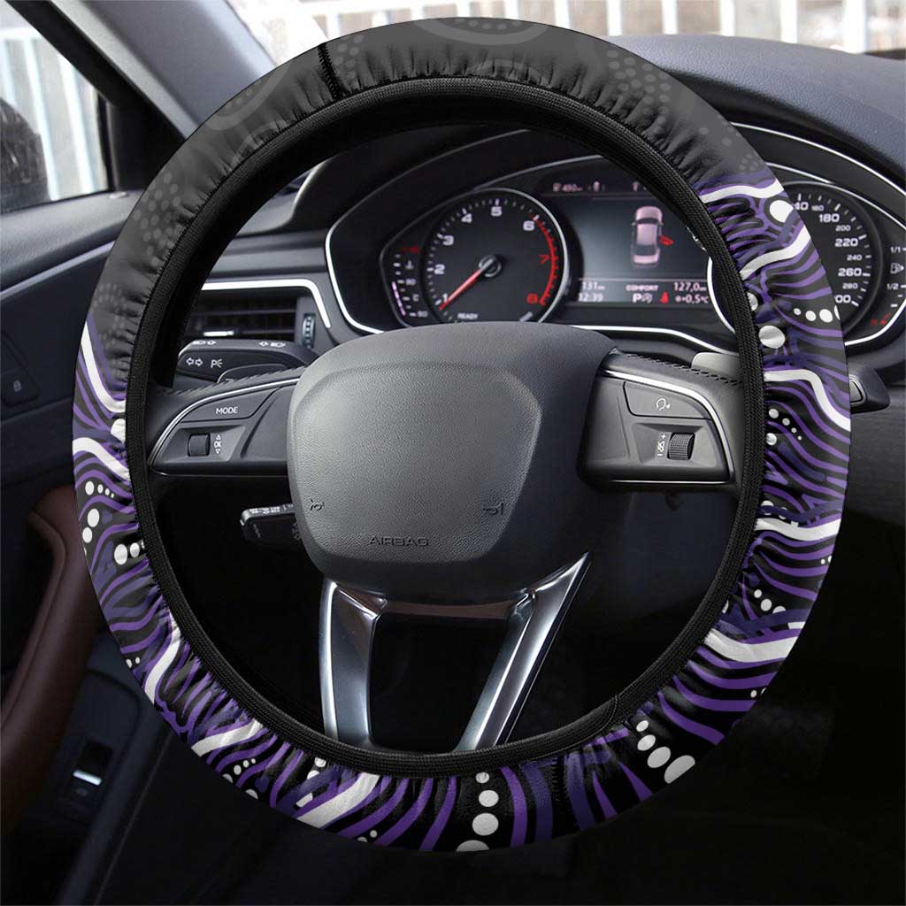 Hobart Hurricanes Cricket Mascot Steering Wheel Cover Aboriginal Dot Art Purple And Black Tribal Pattern