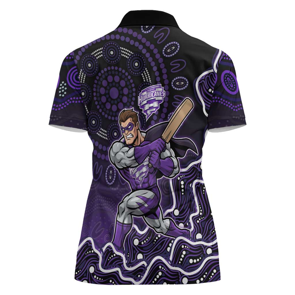 Hobart Hurricanes Cricket Mascot Women Polo Shirt Aboriginal Dot Art Purple And Black Tribal Pattern