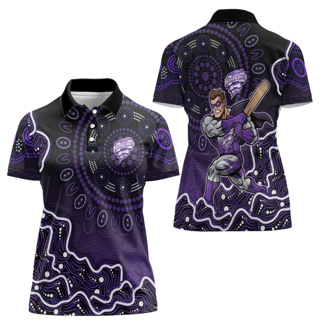 Hobart Hurricanes Cricket Mascot Women Polo Shirt Aboriginal Dot Art Purple And Black Tribal Pattern