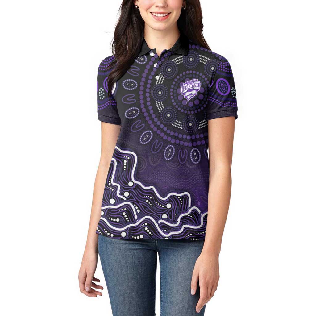 Hobart Hurricanes Cricket Mascot Women Polo Shirt Aboriginal Dot Art Purple And Black Tribal Pattern