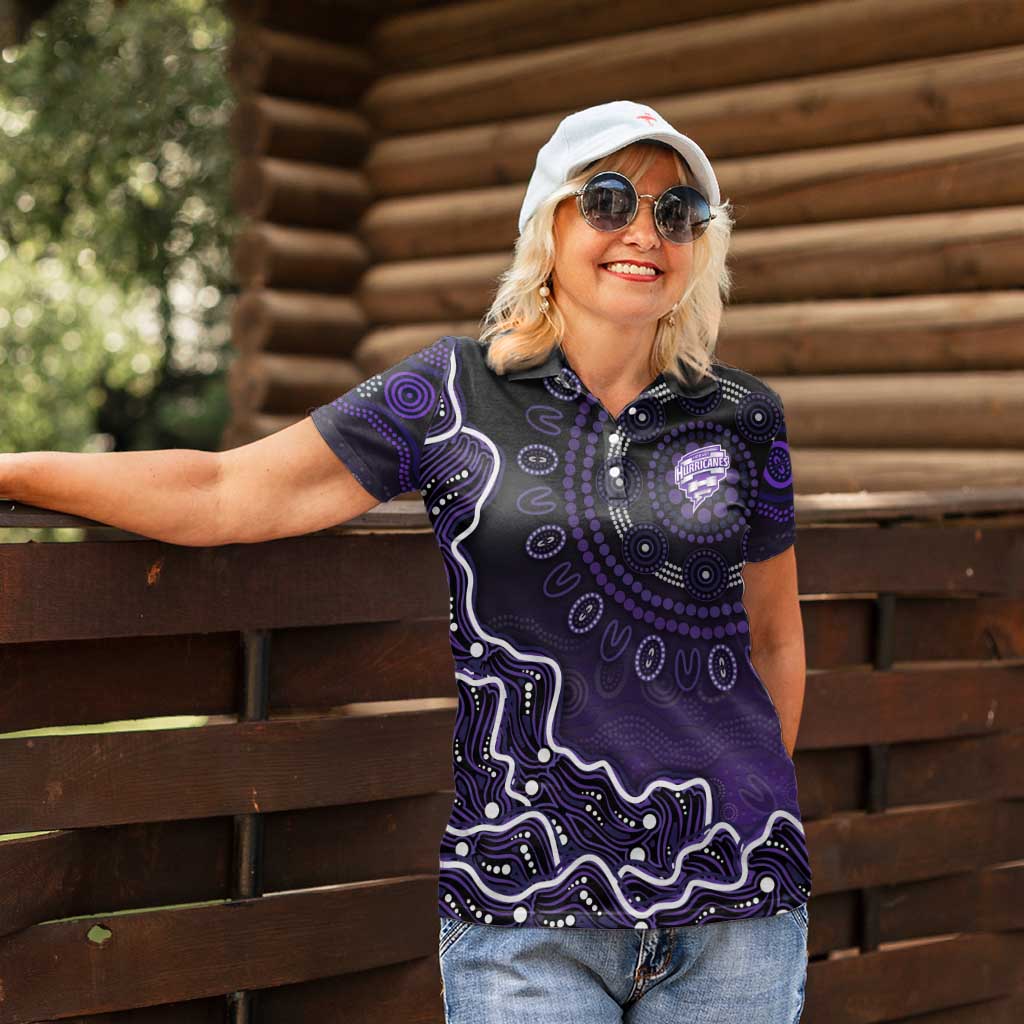 Hobart Hurricanes Cricket Mascot Women Polo Shirt Aboriginal Dot Art Purple And Black Tribal Pattern