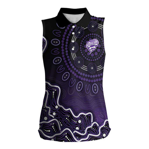 Hobart Hurricanes Cricket Mascot Women Sleeveless Polo Shirt Aboriginal Dot Art Purple And Black Tribal Pattern