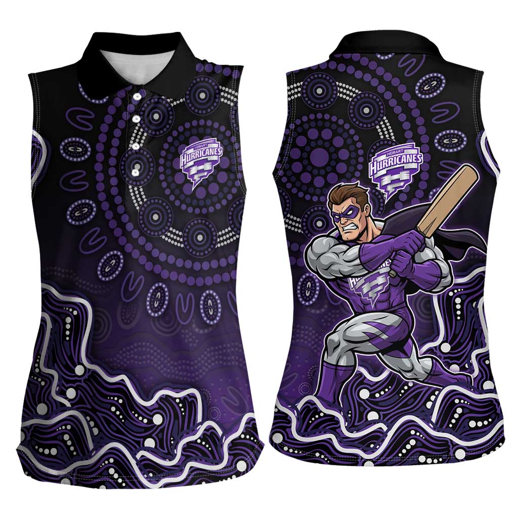 Hobart Hurricanes Cricket Mascot Women Sleeveless Polo Shirt Aboriginal Dot Art Purple And Black Tribal Pattern