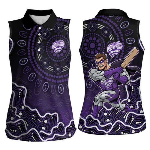 Hobart Hurricanes Cricket Mascot Women Sleeveless Polo Shirt Aboriginal Dot Art Purple And Black Tribal Pattern