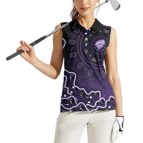 Hobart Hurricanes Cricket Mascot Women Sleeveless Polo Shirt Aboriginal Dot Art Purple And Black Tribal Pattern