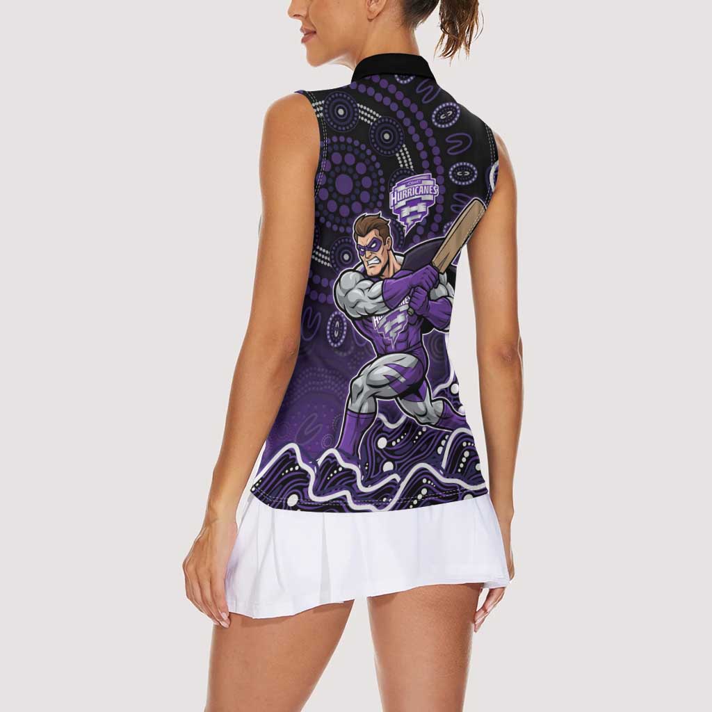 Hobart Hurricanes Cricket Mascot Women Sleeveless Polo Shirt Aboriginal Dot Art Purple And Black Tribal Pattern