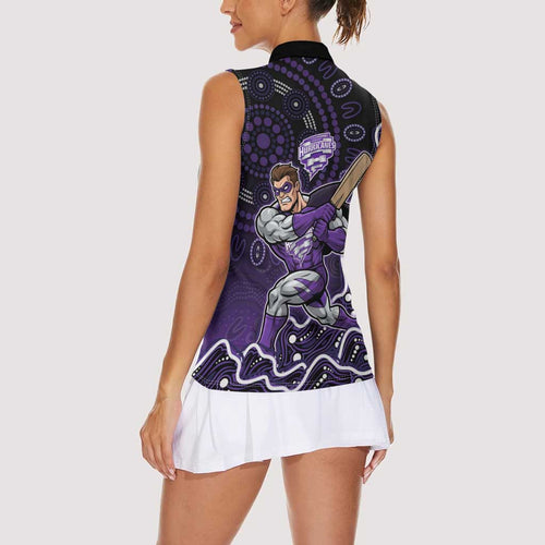 Hobart Hurricanes Cricket Mascot Women Sleeveless Polo Shirt Aboriginal Dot Art Purple And Black Tribal Pattern