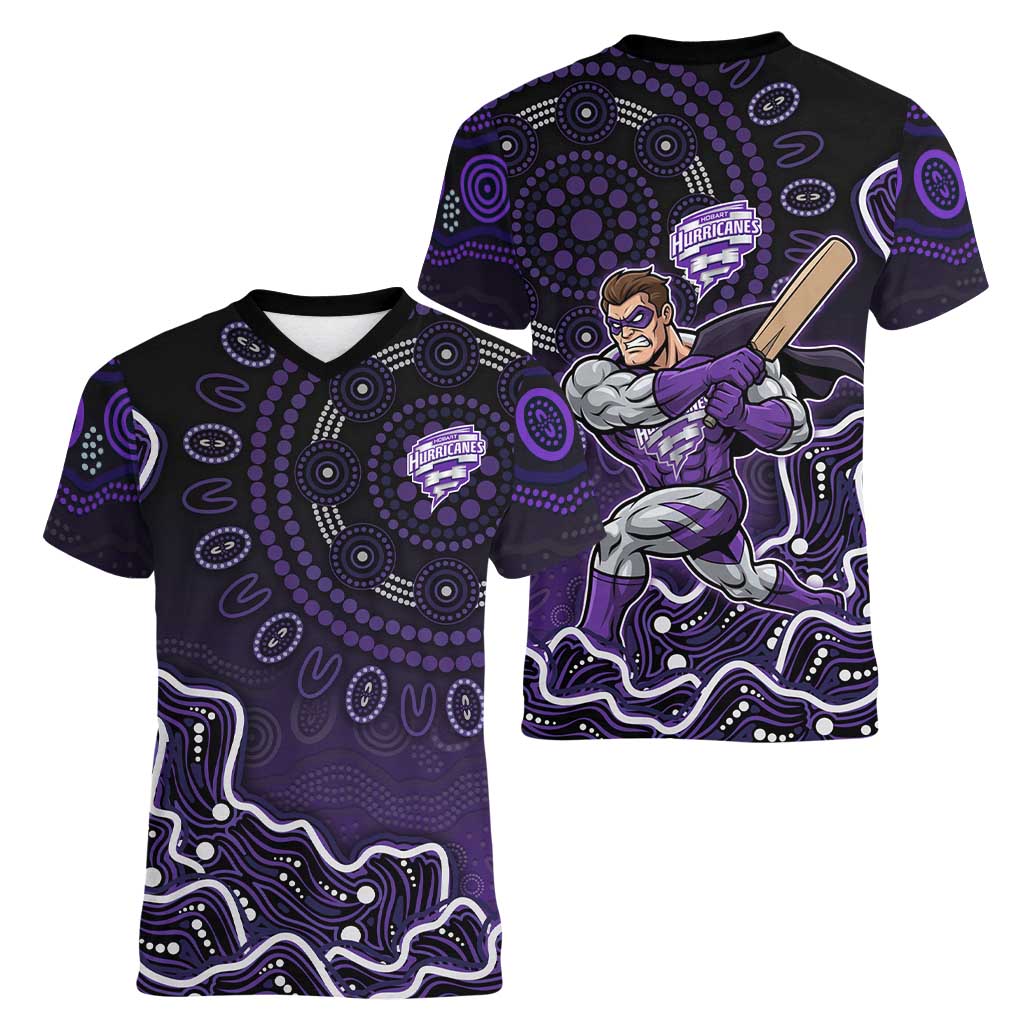 Hobart Hurricanes Cricket Mascot Women V-Neck T-Shirt Aboriginal Dot Art Purple And Black Tribal Pattern