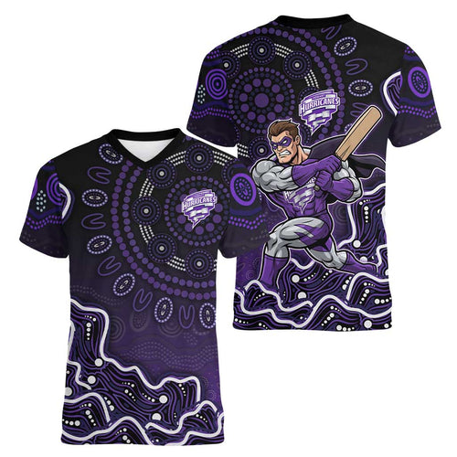 Hobart Hurricanes Cricket Mascot Women V-Neck T-Shirt Aboriginal Dot Art Purple And Black Tribal Pattern