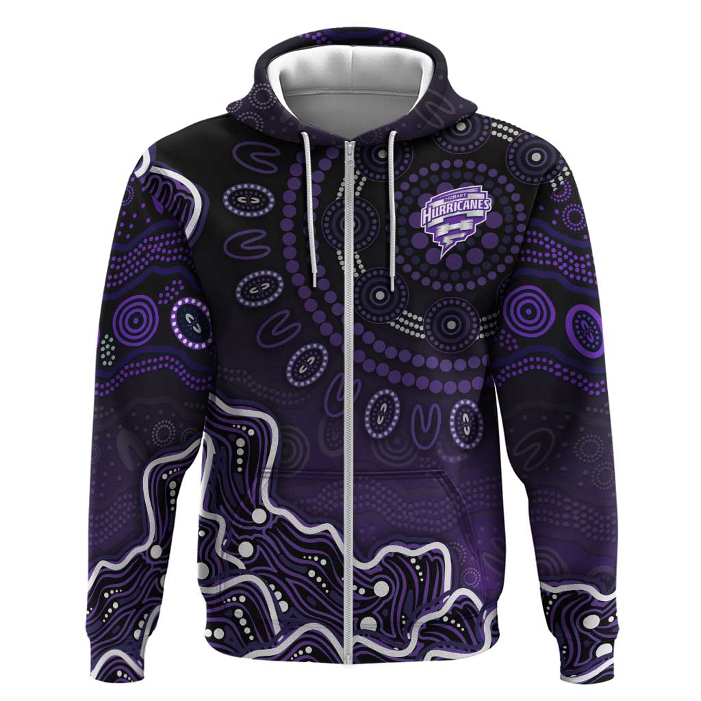 Hobart Hurricanes Cricket Mascot Zip Hoodie Aboriginal Dot Art Purple And Black Tribal Pattern