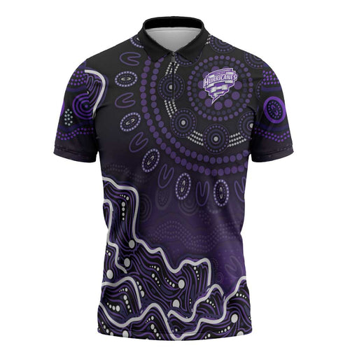 Hobart Hurricanes Cricket Mascot Zipper Polo Shirt Aboriginal Dot Art Purple And Black Tribal Pattern