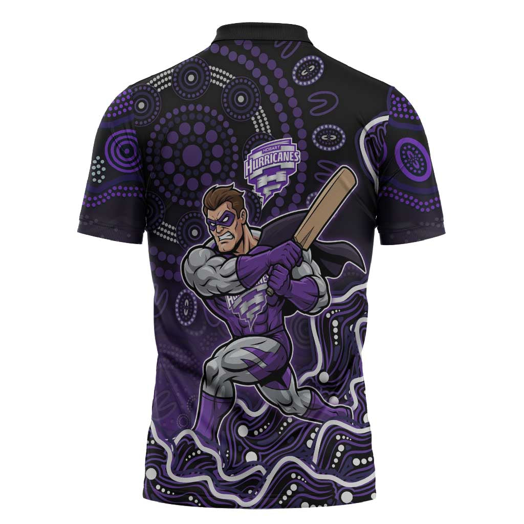 Hobart Hurricanes Cricket Mascot Zipper Polo Shirt Aboriginal Dot Art Purple And Black Tribal Pattern