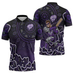 Hobart Hurricanes Cricket Mascot Zipper Polo Shirt Aboriginal Dot Art Purple And Black Tribal Pattern