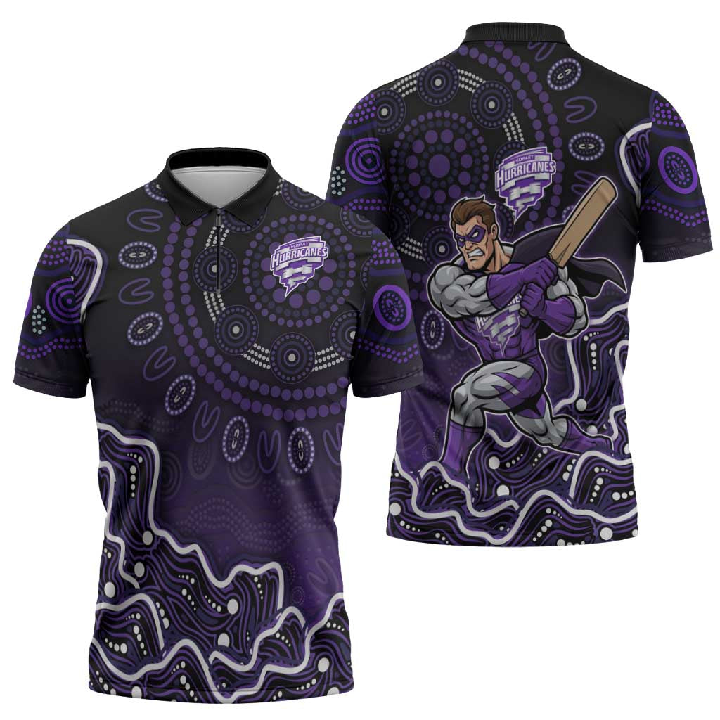 Hobart Hurricanes Cricket Mascot Zipper Polo Shirt Aboriginal Dot Art Purple And Black Tribal Pattern