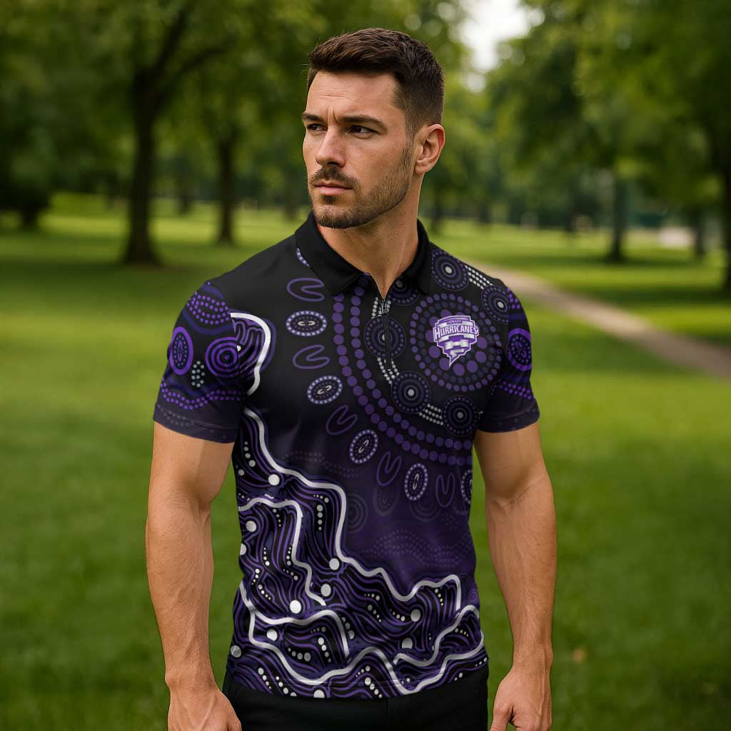 Hobart Hurricanes Cricket Mascot Zipper Polo Shirt Aboriginal Dot Art Purple And Black Tribal Pattern