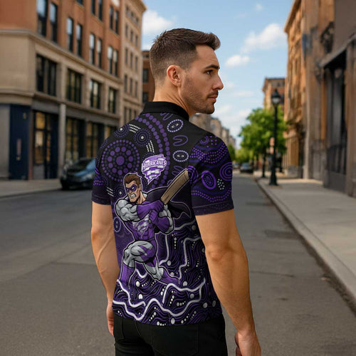 Hobart Hurricanes Cricket Mascot Zipper Polo Shirt Aboriginal Dot Art Purple And Black Tribal Pattern
