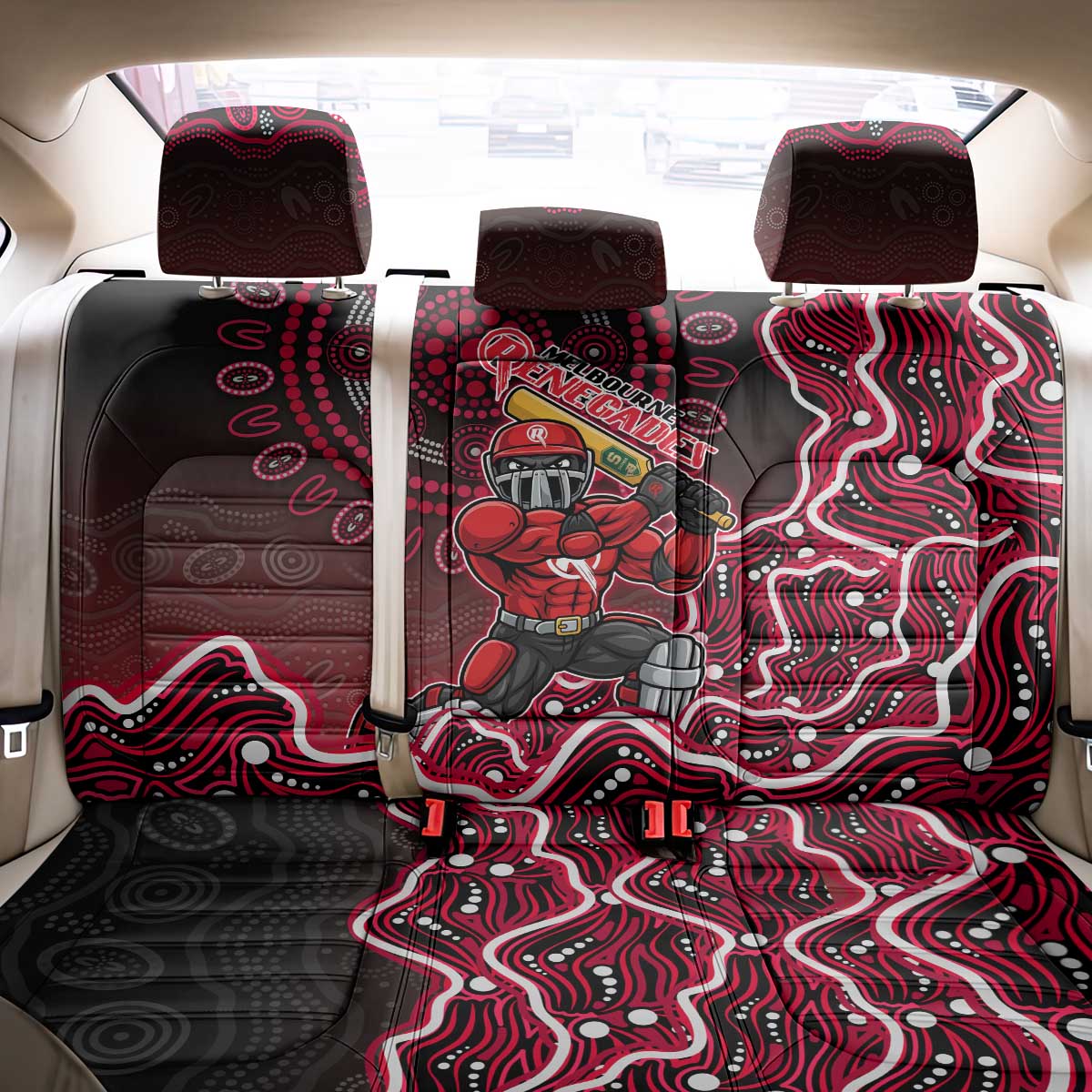 Melbourne Renegades Cricket Mascot Back Car Seat Cover Aboriginal Dot Art Red And Black Tribal Pattern